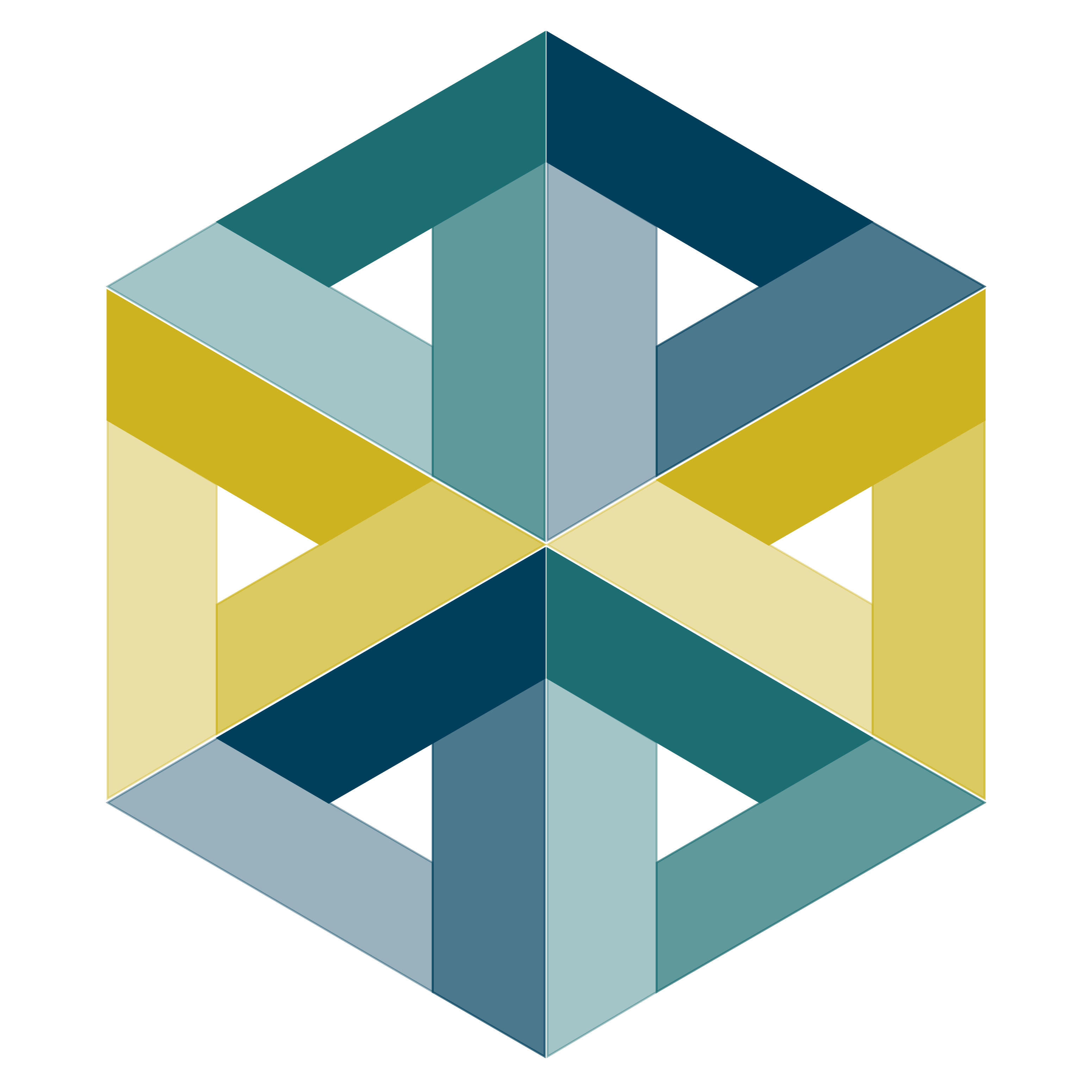 Hexagonal logo with yellow, purple, and teal triangles.